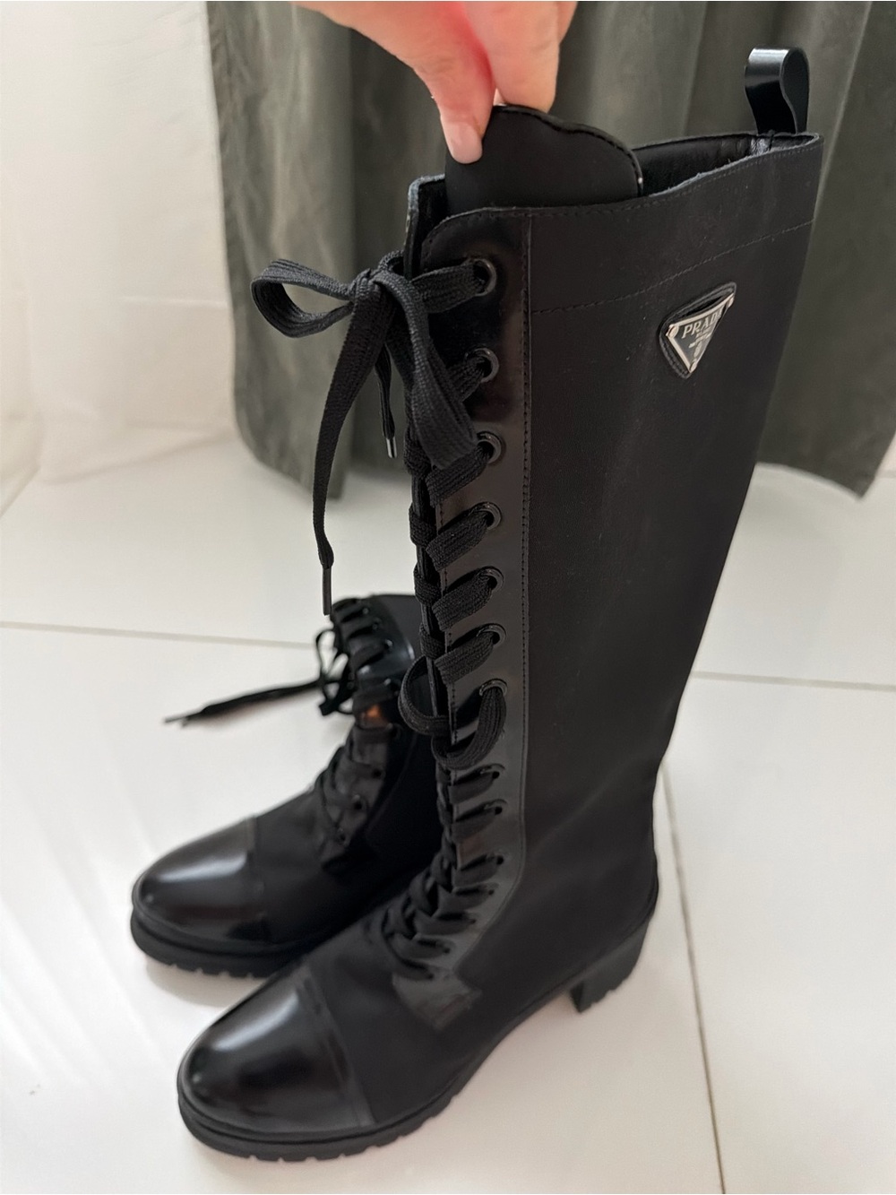 Prada Black Knee-High Lace-Up Boots with Logo Plaque
